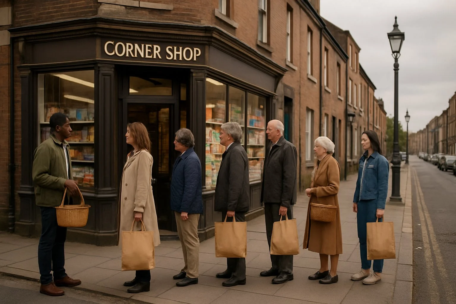 People queueing outside a traditional British corner shop on a busy street with groceries and coupons visible in the window.