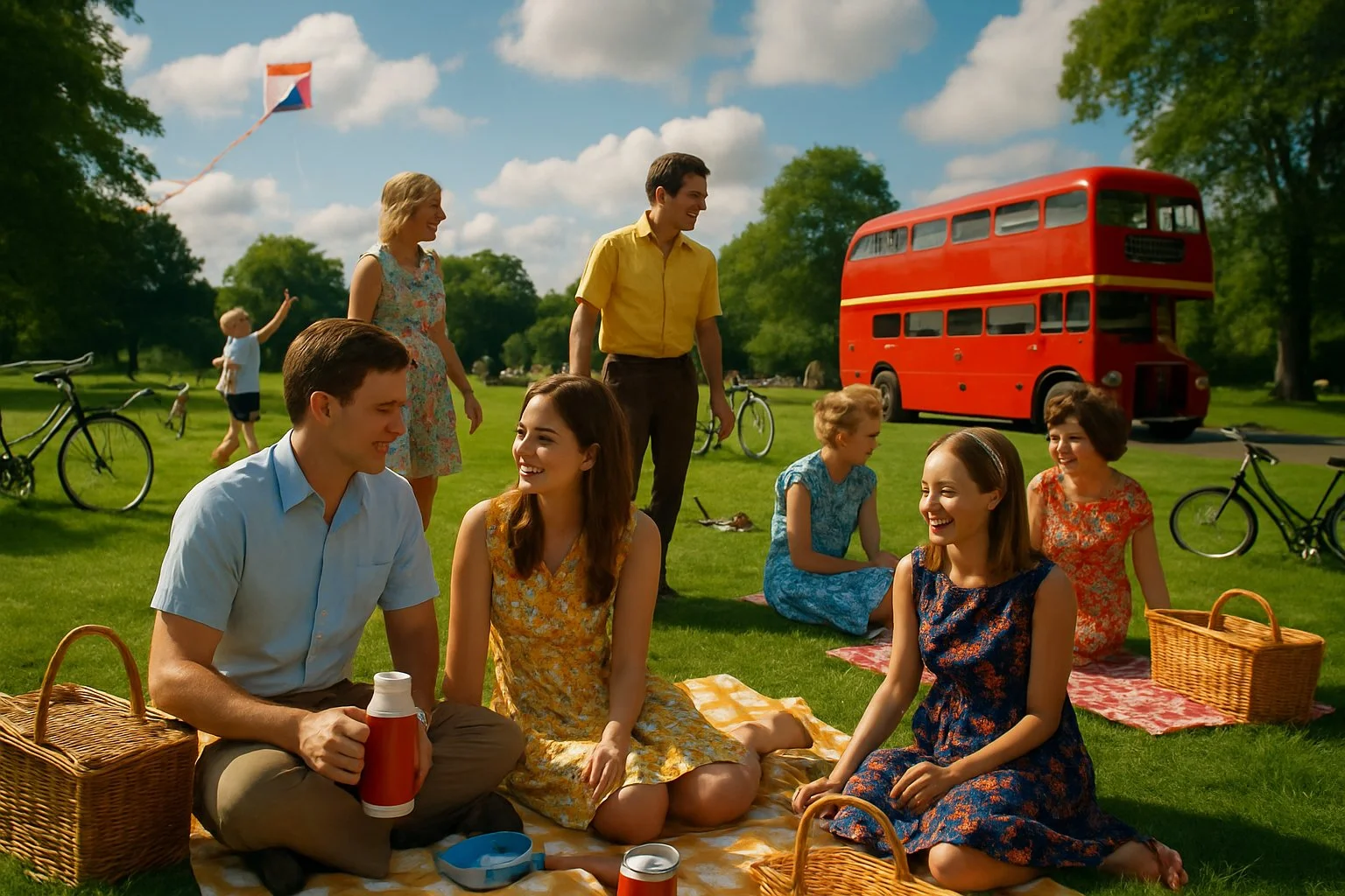 People enjoying a picnic in a green park on a partly cloudy summer day, dressed in 1960s and 1970s British clothing with vintage bicycles and a red double-decker bus in the background.