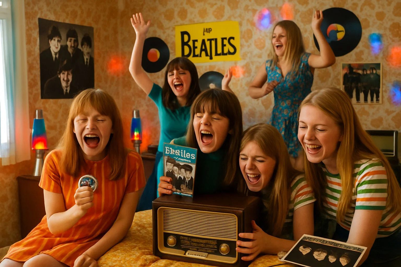 A group of excited teenage fans in a 1960s bedroom listening to a wireless radio and dancing, surrounded by Beatles posters and memorabilia.