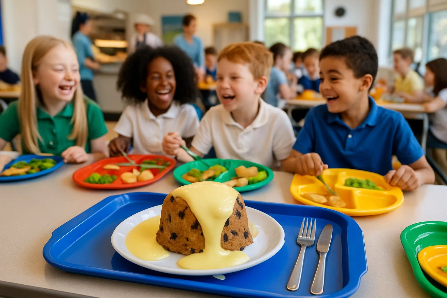 Children laughing and eating in a busy school cafeteria with Spotted Dick dessert and custard on a tray.