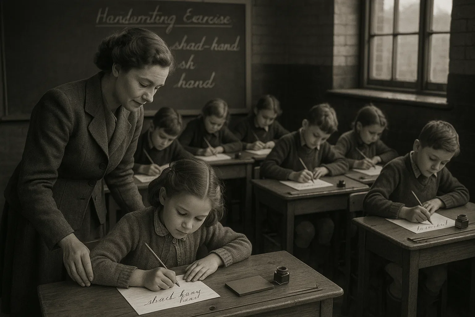 A classroom in post-war Britain where children are learning handwriting using ink wells and blotters on wooden desks, guided by a teacher.
