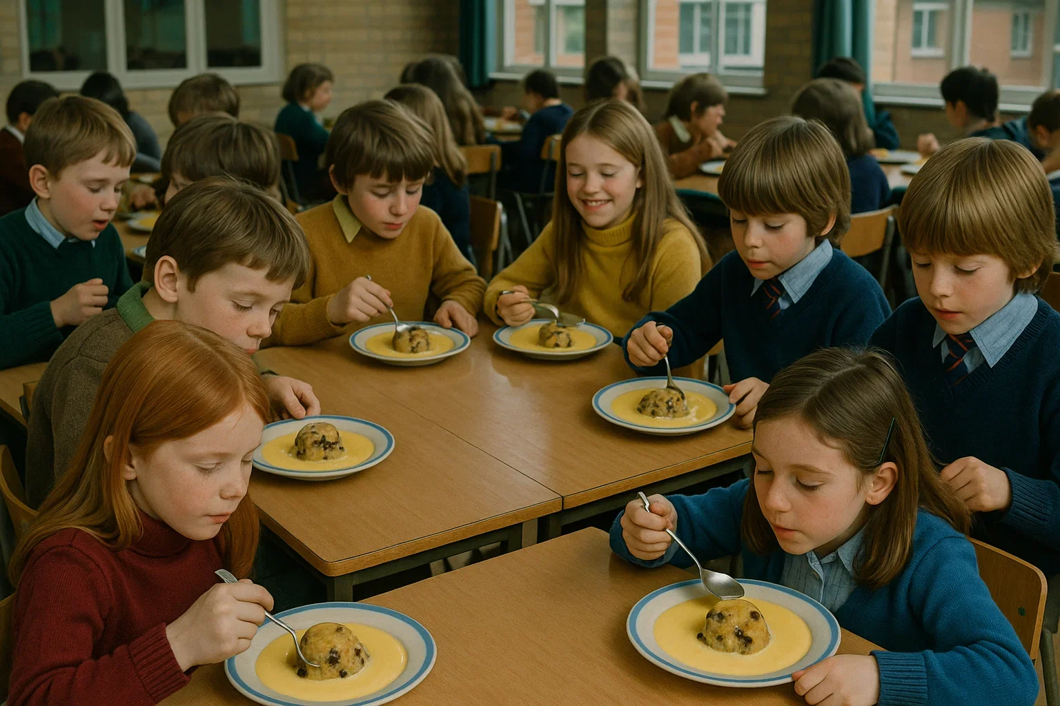 Children eating school dinners in a 1970s British school canteen with trays of food including Spotted Dick pudding and custard.