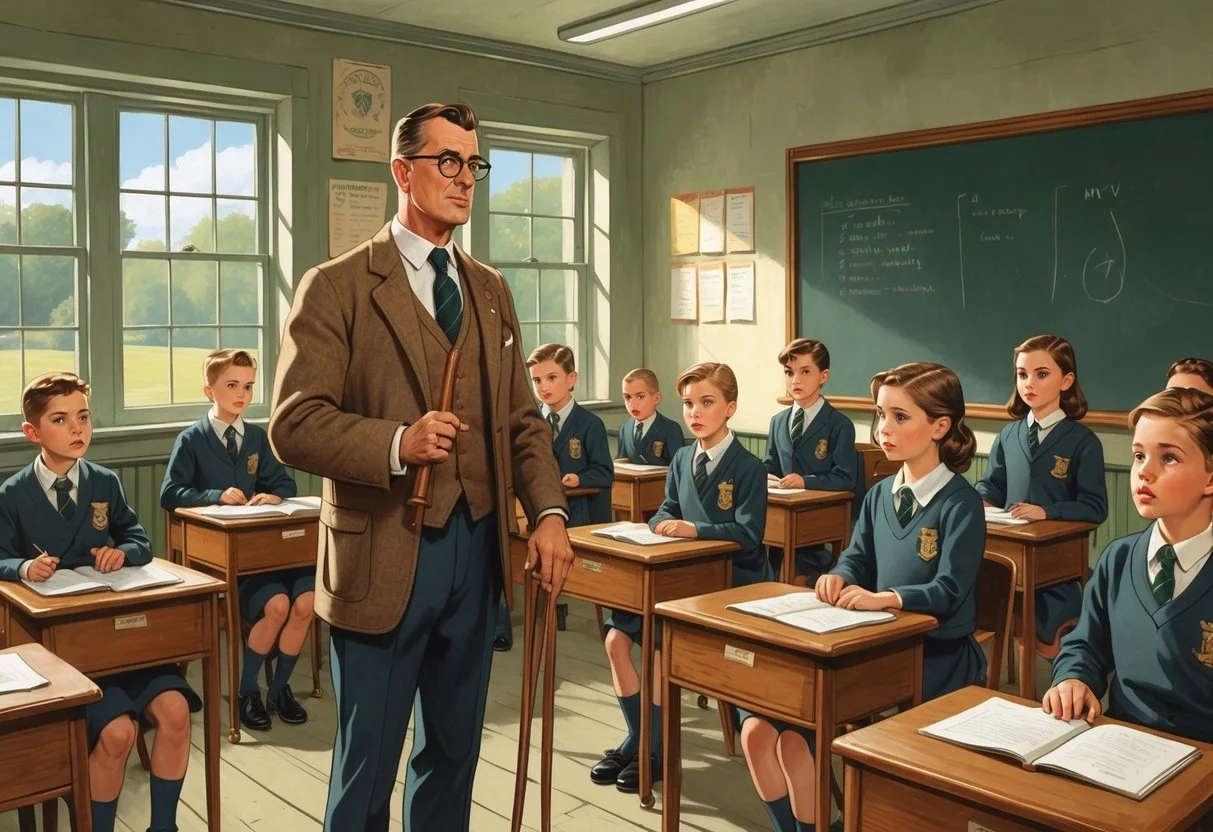 A 1950s British school classroom where a teacher holds a cane while a boy stands at the front of the class, with other children seated at their desks.