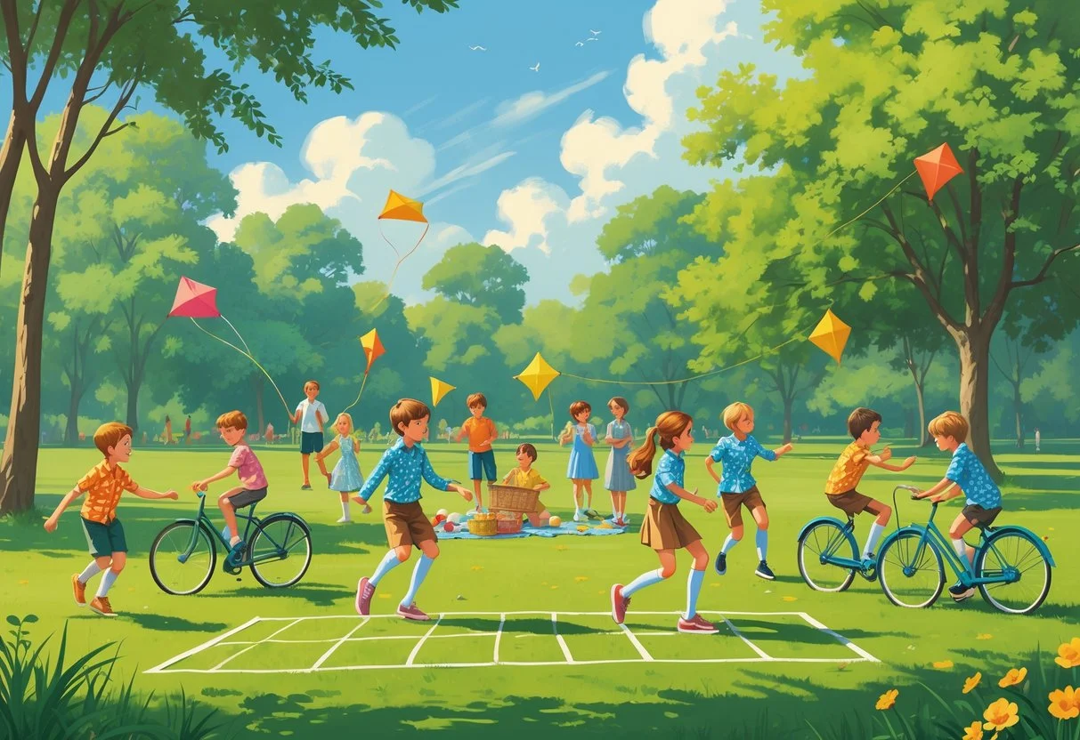 Children playing various outdoor games and sports in a sunny park during the 1960s, including hopscotch, skipping rope, cycling, and football.