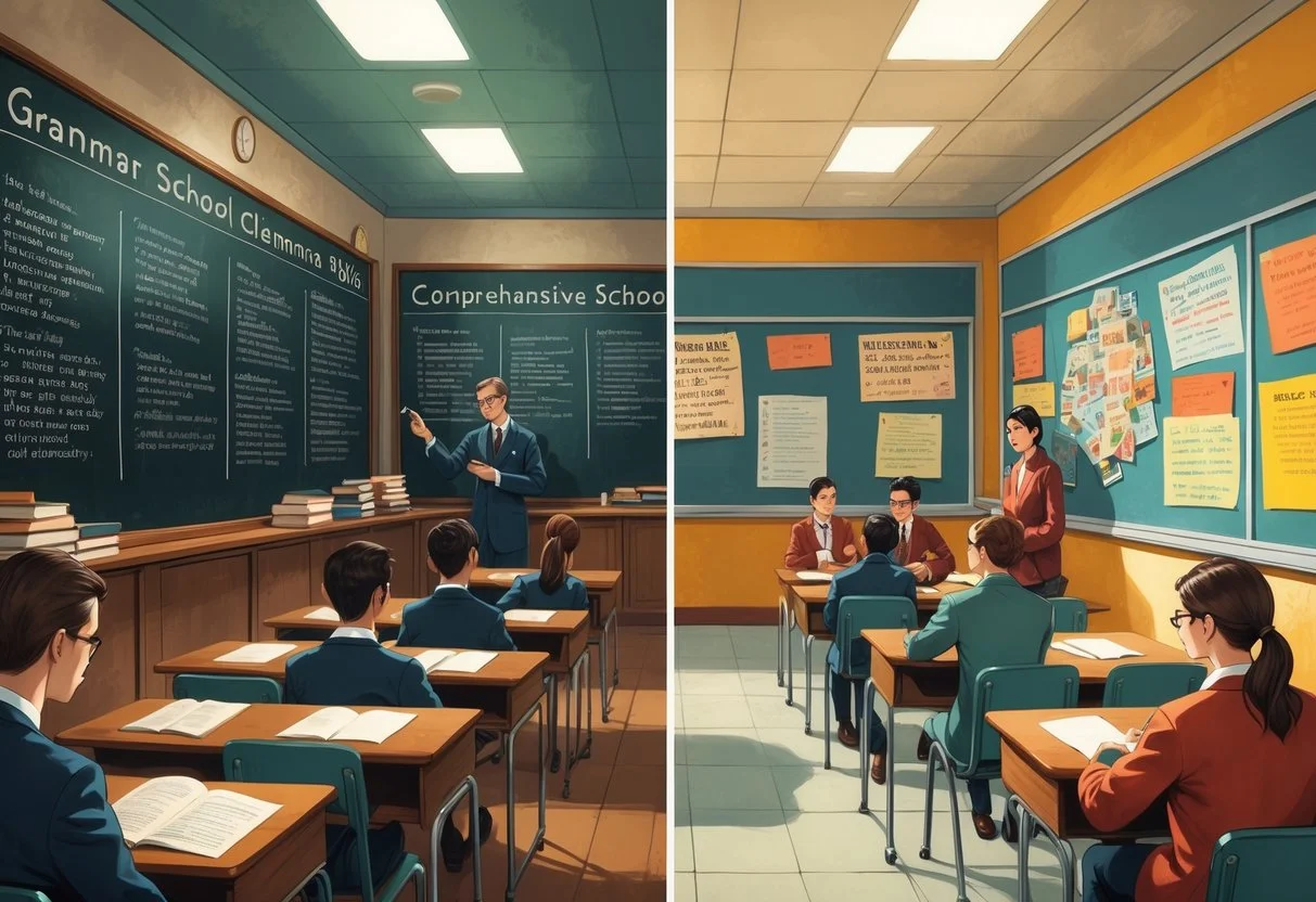 A classroom scene showing a traditional 1960s British grammar school on one side with students in uniform and a strict teacher, and a modern comprehensive school on the other side with diverse students working together and a teacher leading a group discussion.