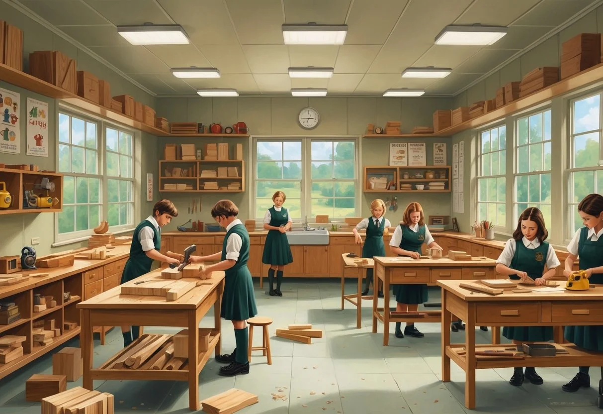 A 1970s classroom showing students working on woodwork projects and home economics tasks like cooking and ironing under teacher supervision.