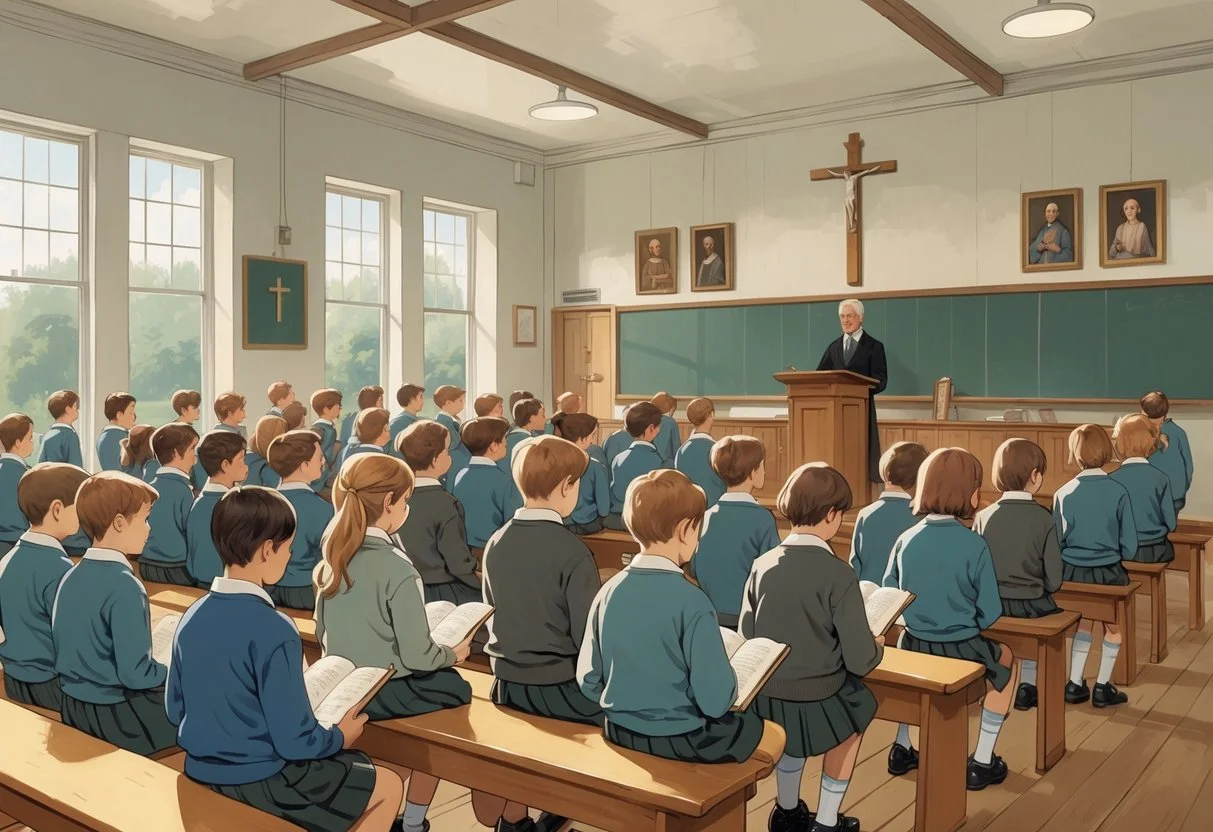 A group of schoolchildren in 1960s British school uniforms sitting in a hall, listening to a teacher leading morning prayers during a school assembly.