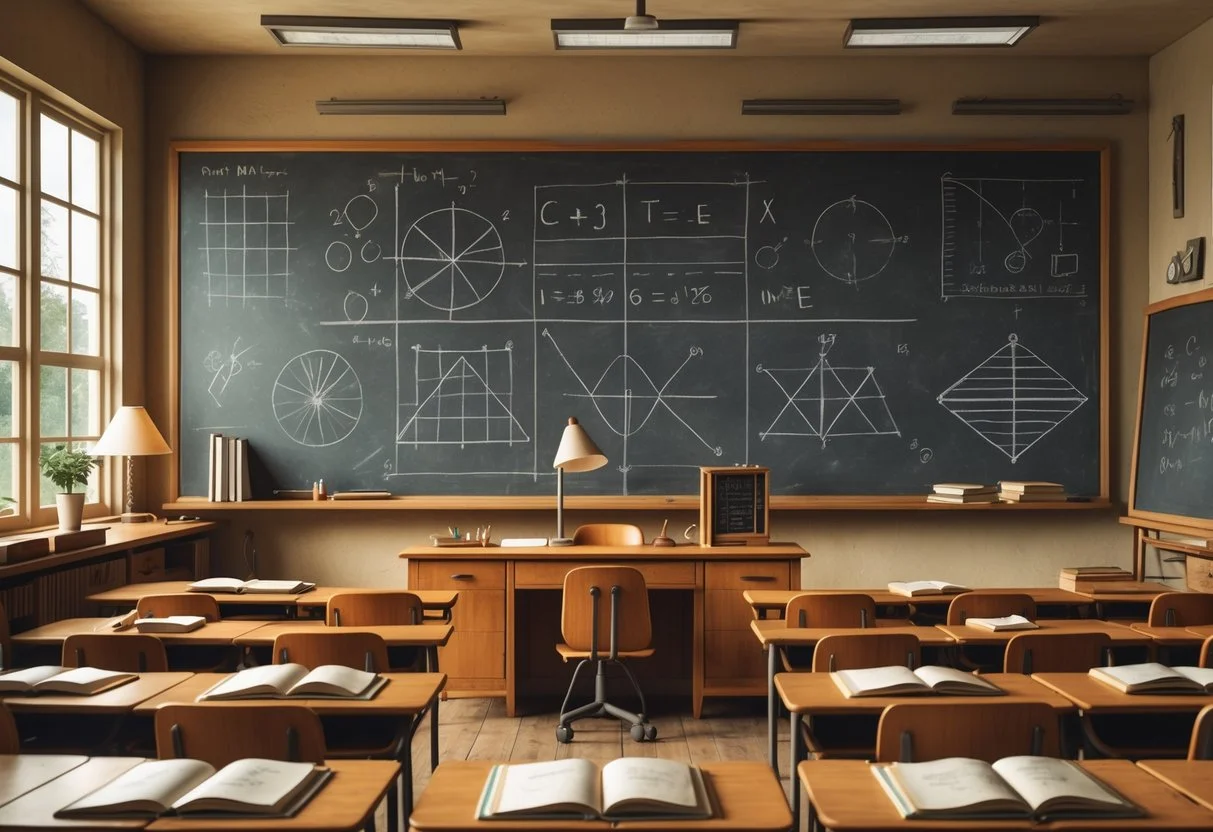 A 1970s classroom with a blackboard covered in chalk drawings of maths and science concepts, wooden desks, and vintage slide rules on a teacher's desk.