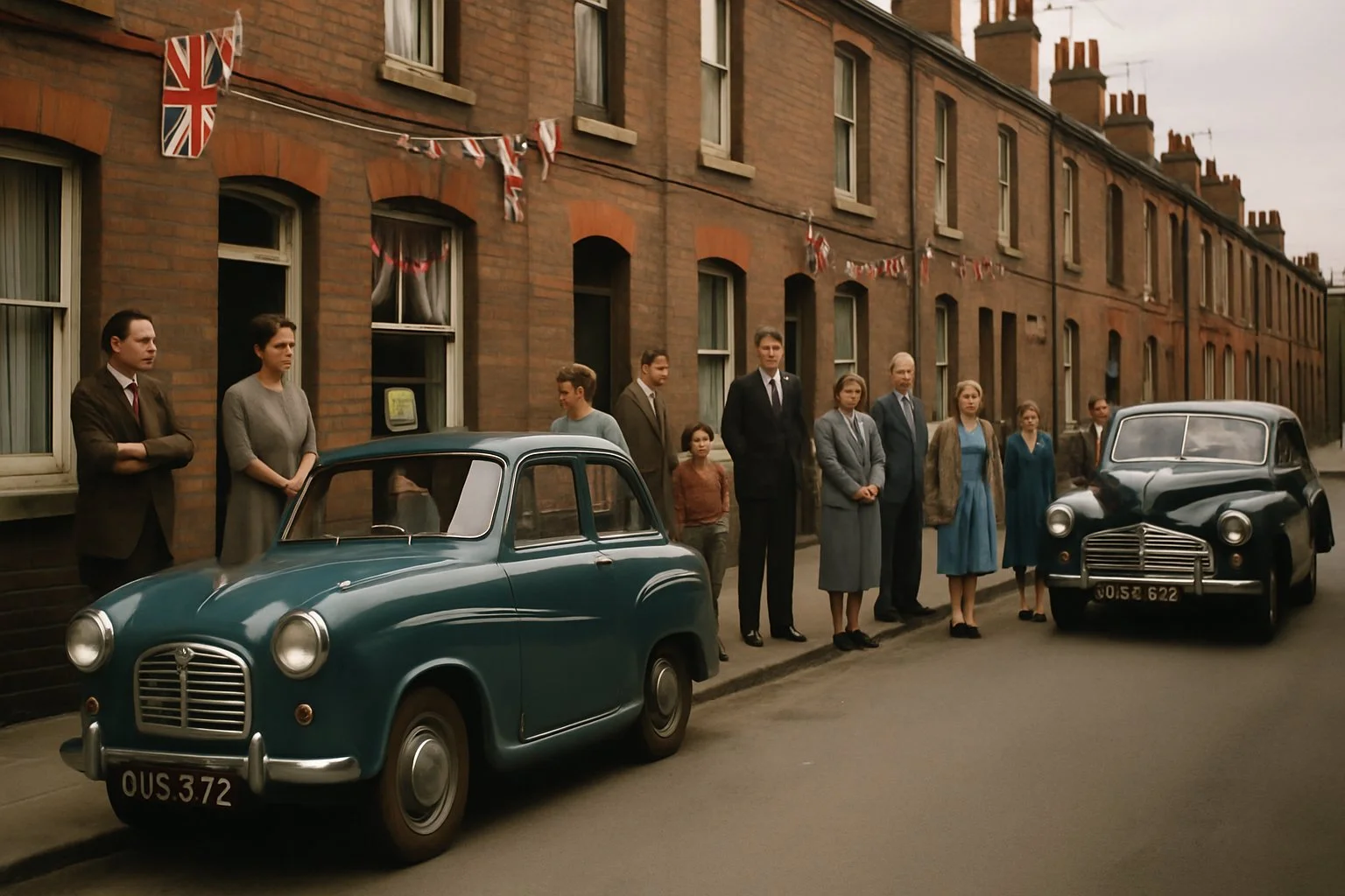 A quiet 1950s British street with people outside their homes listening to a broadcast, vintage cars parked along the road, and houses decorated with Union Jack bunting.
