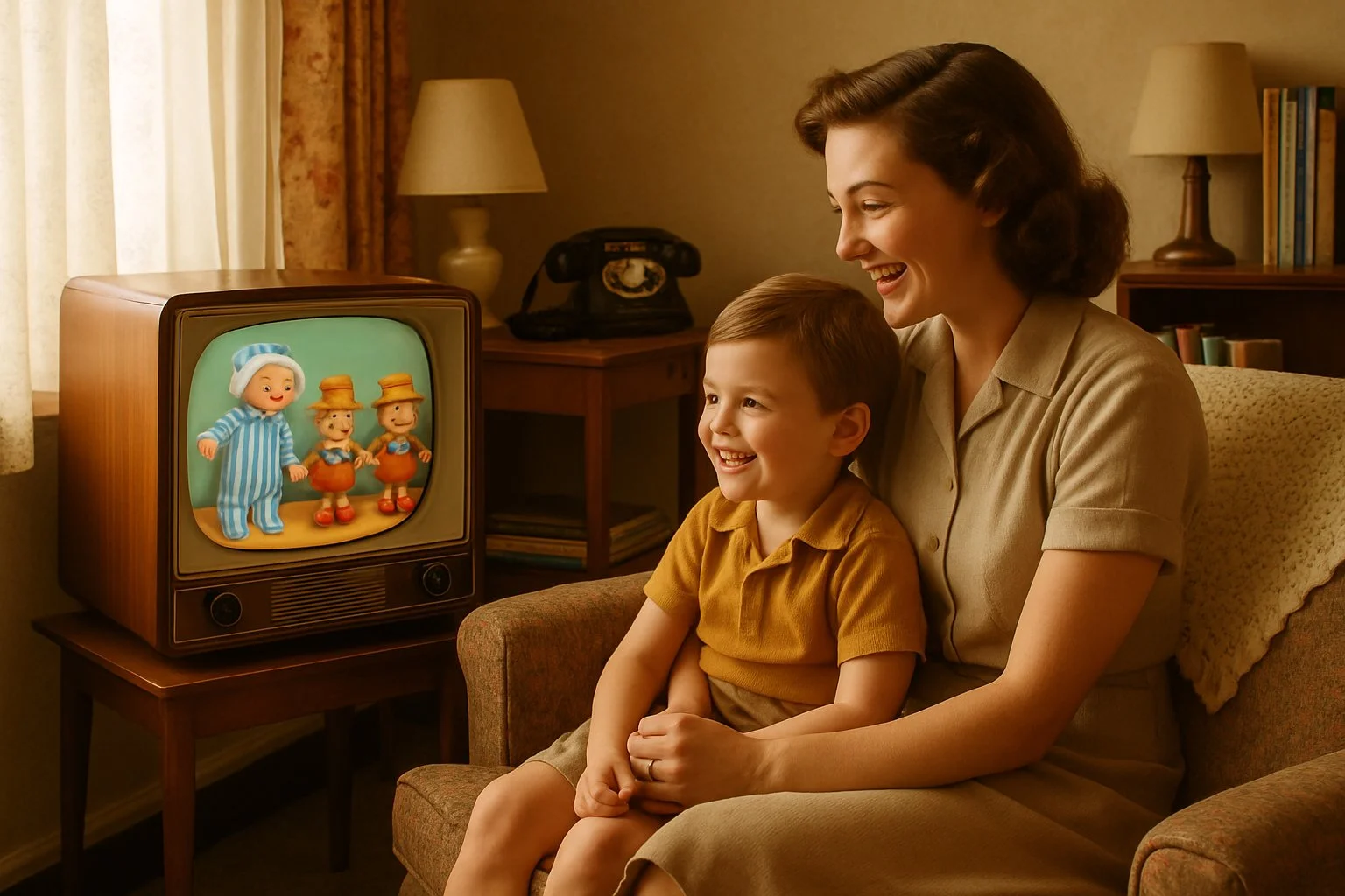 A mother and young child sitting together on a sofa watching a vintage television showing colourful puppet characters in a 1950s style living room.