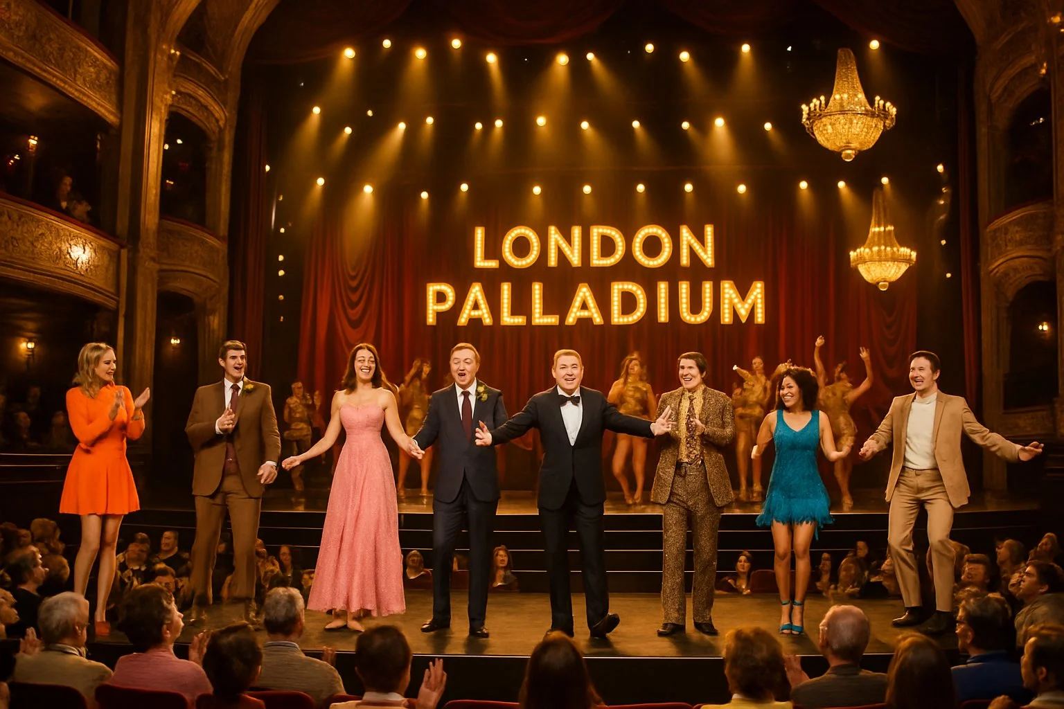 A lively variety show performance on the stage of the London Palladium with performers and an applauding audience.