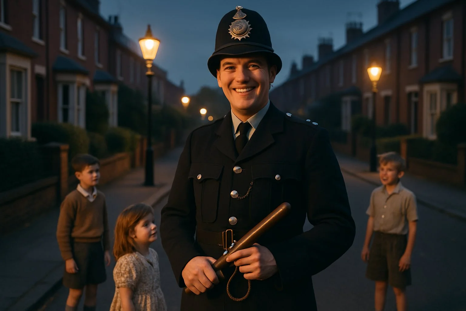 A 1950s British police officer in uniform stands on a quiet street with children playing nearby in the evening.