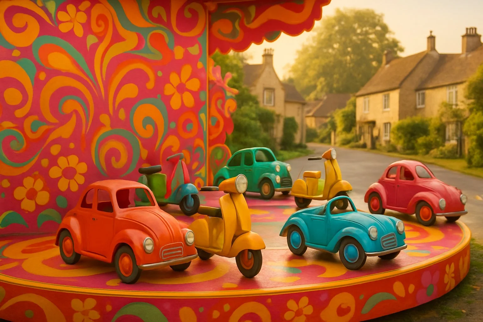 A colourful roundabout with five vintage cars and scooters surrounded by swirling patterns and a village street in the background.