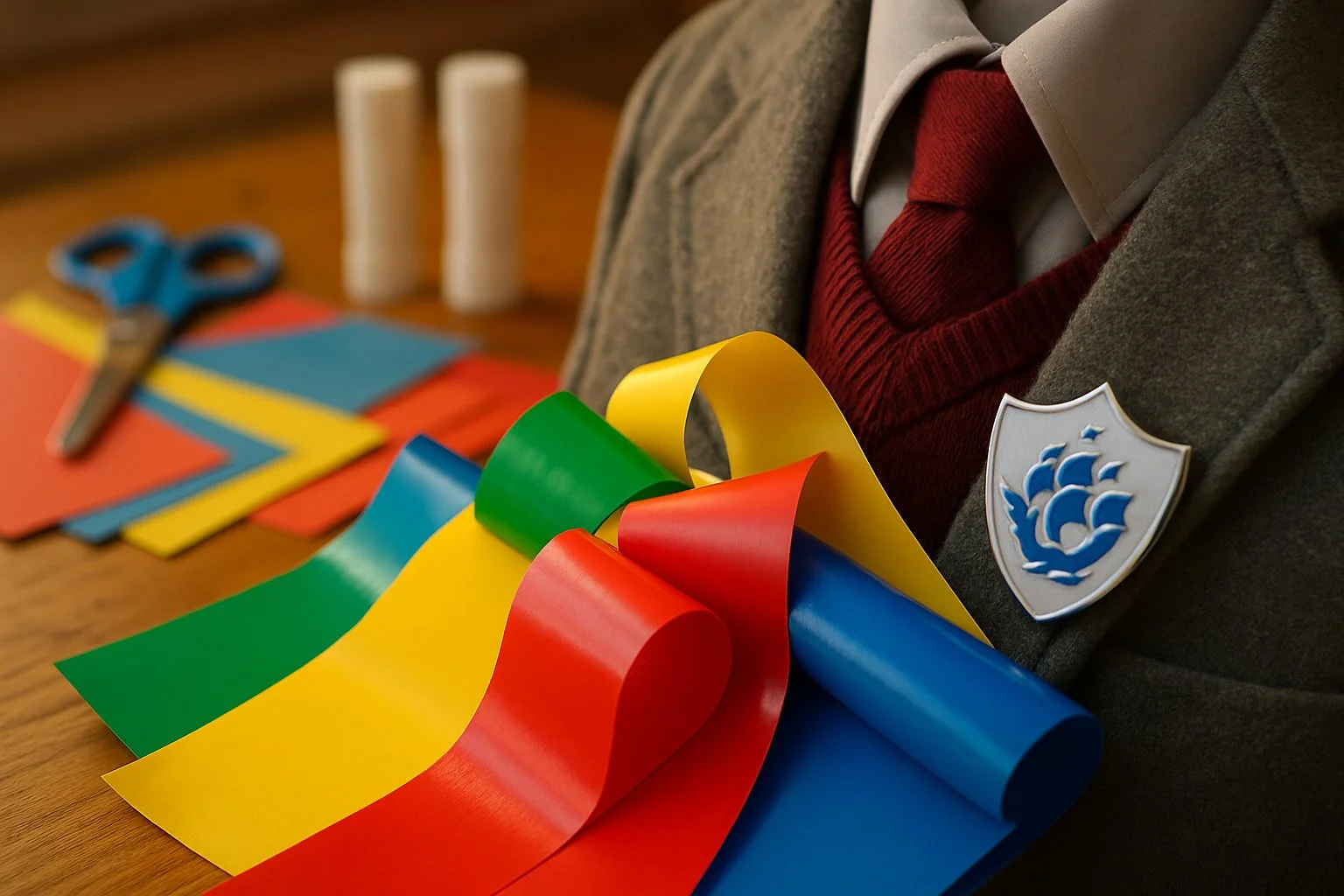 Close-up of a Blue Peter badge on a school uniform with colourful sticky-back plastic sheets and craft materials on a wooden desk.