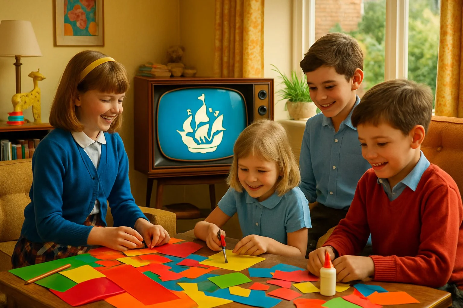 Children in 1960s clothing crafting with colourful sticky-back plastic around a vintage television in a bright living room.