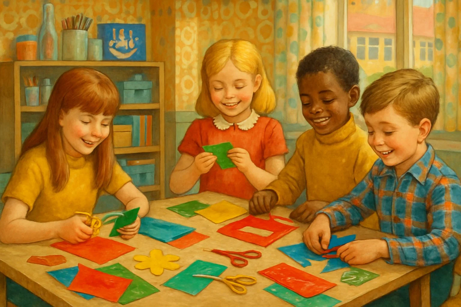 Children around a table creating colourful crafts with sticky-back plastic in a bright room decorated in 1960s style.
