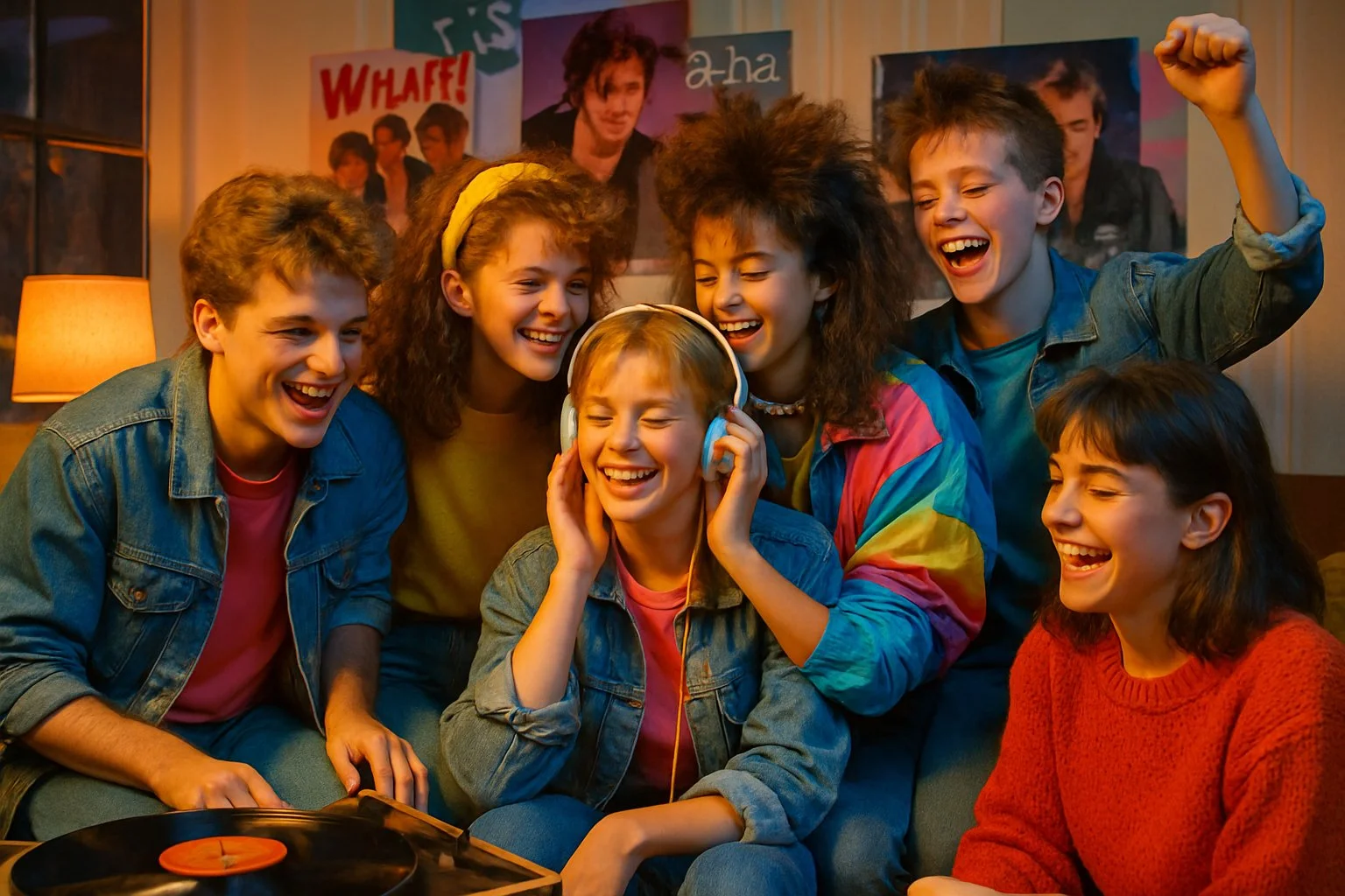 A group of British teenagers from the 1980s enjoying music together in a living room decorated with retro posters and a record player.