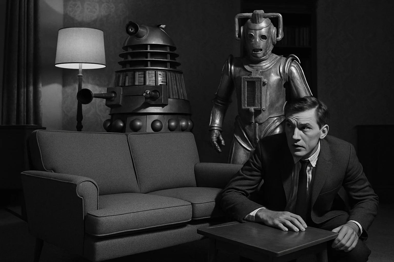 A man hides behind a sofa in a 1960s living room as two menacing sci-fi robots stand nearby.