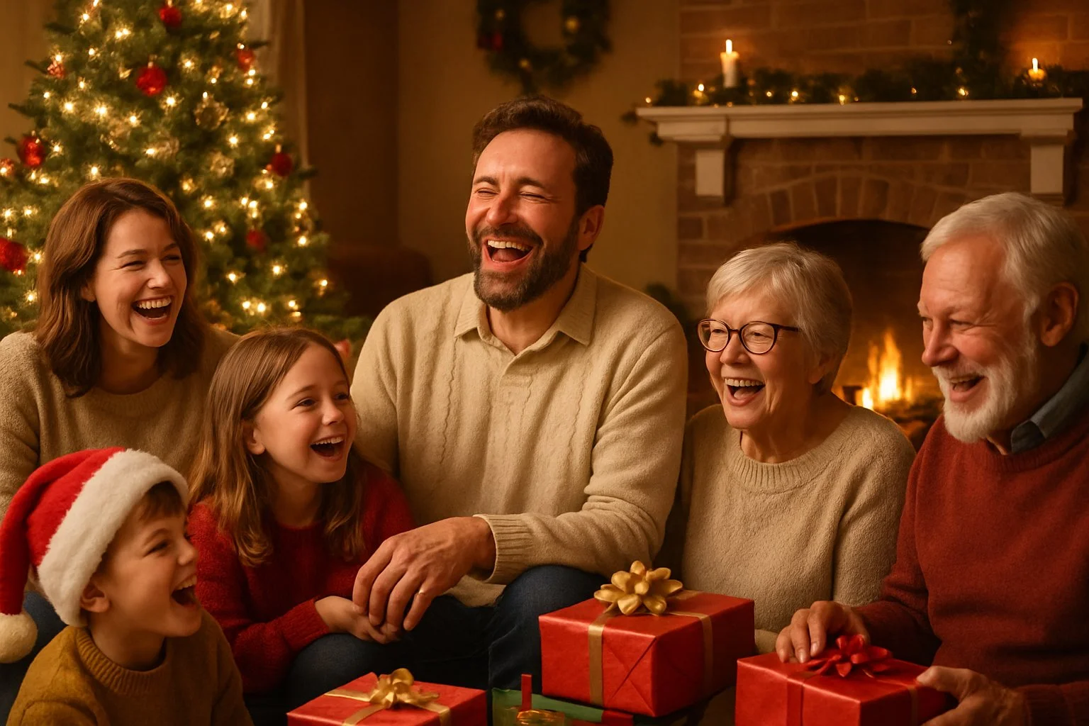A family gathered in a living room decorated for Christmas, with a father laughing joyfully while others smile and share the moment.
