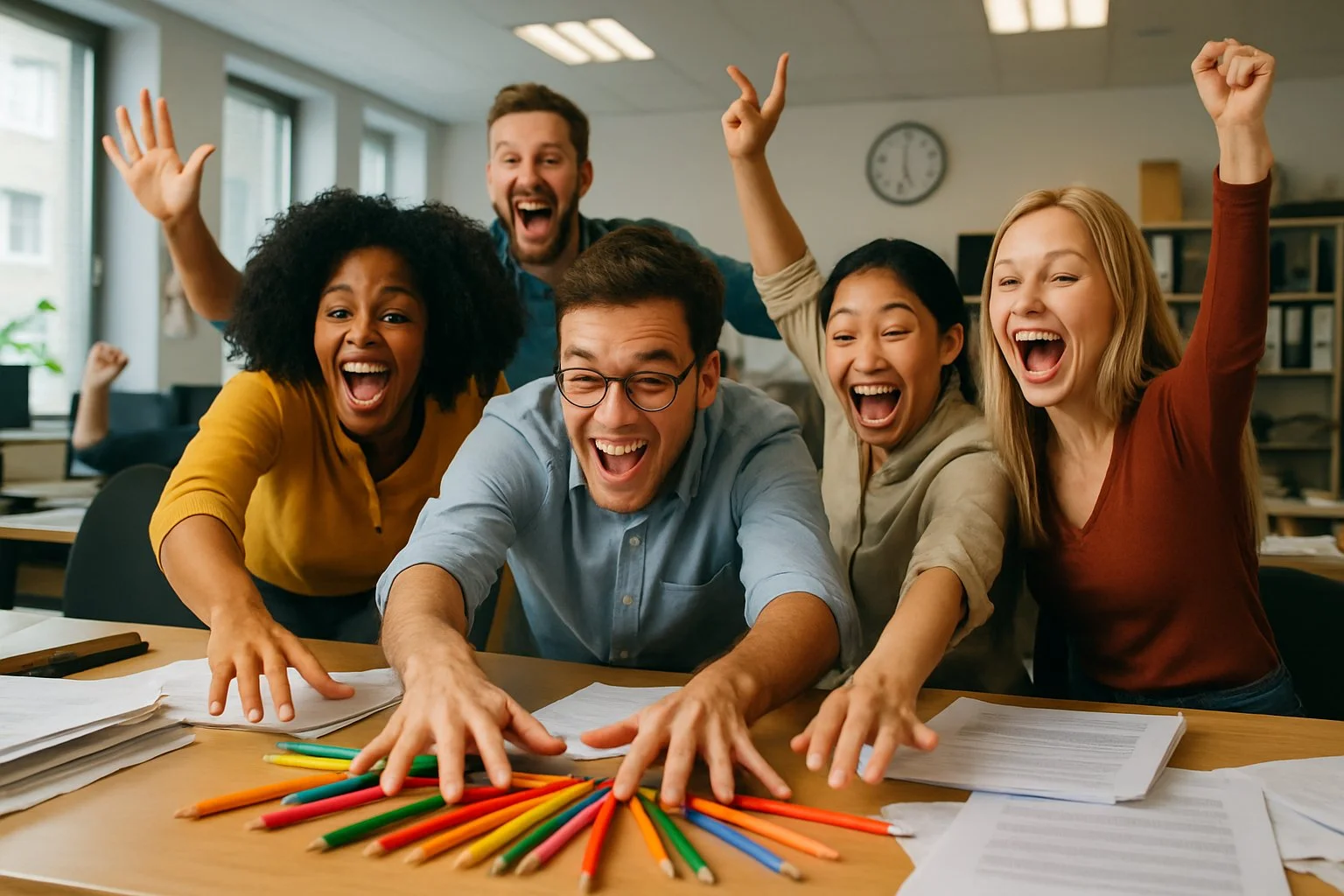 A group of people excitedly reaching for colourful pencils on a cluttered desk in an office or classroom at the end of the day.