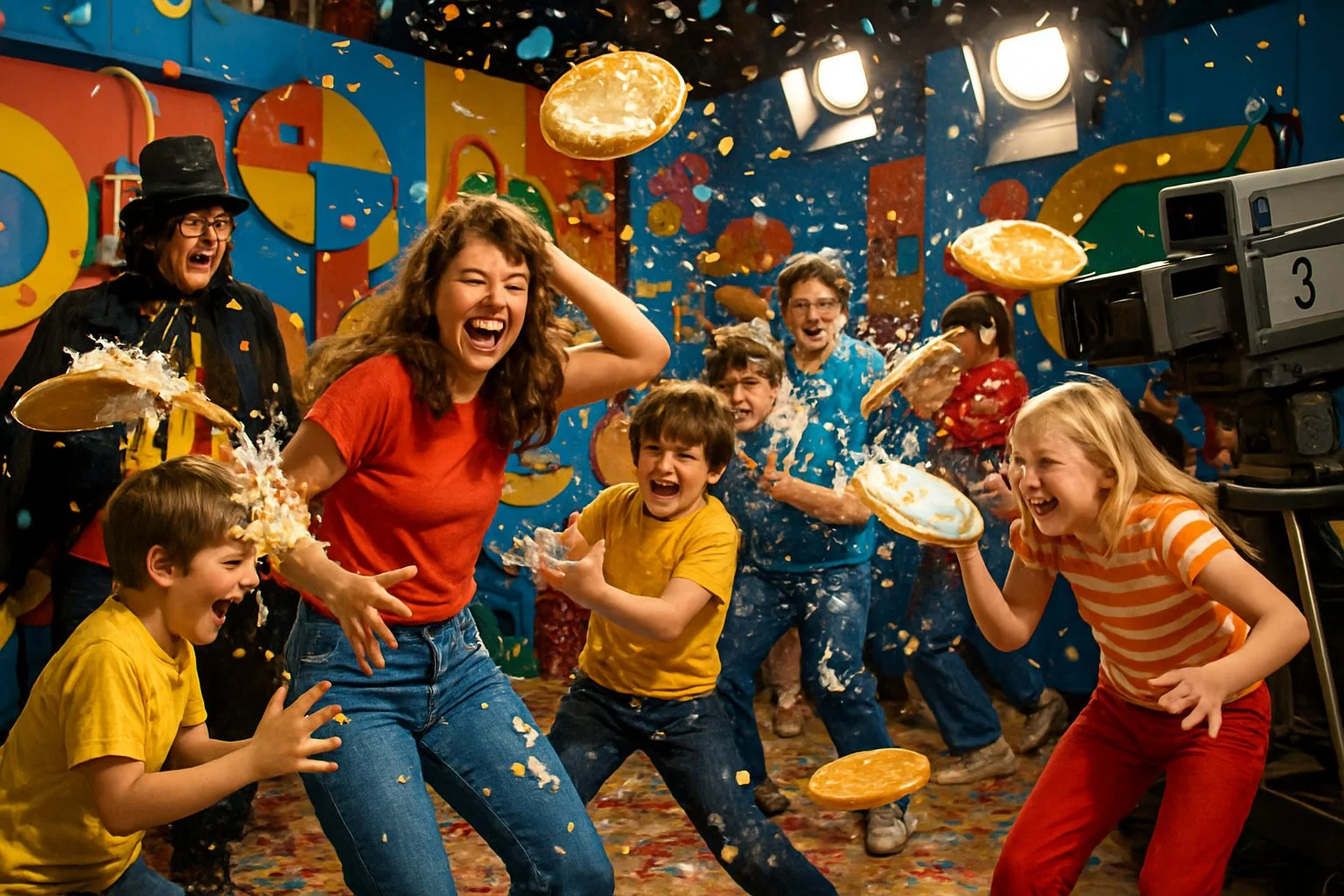 Children and adults laughing and dodging flying flans and custard pies in a colourful television studio during a playful messy game.