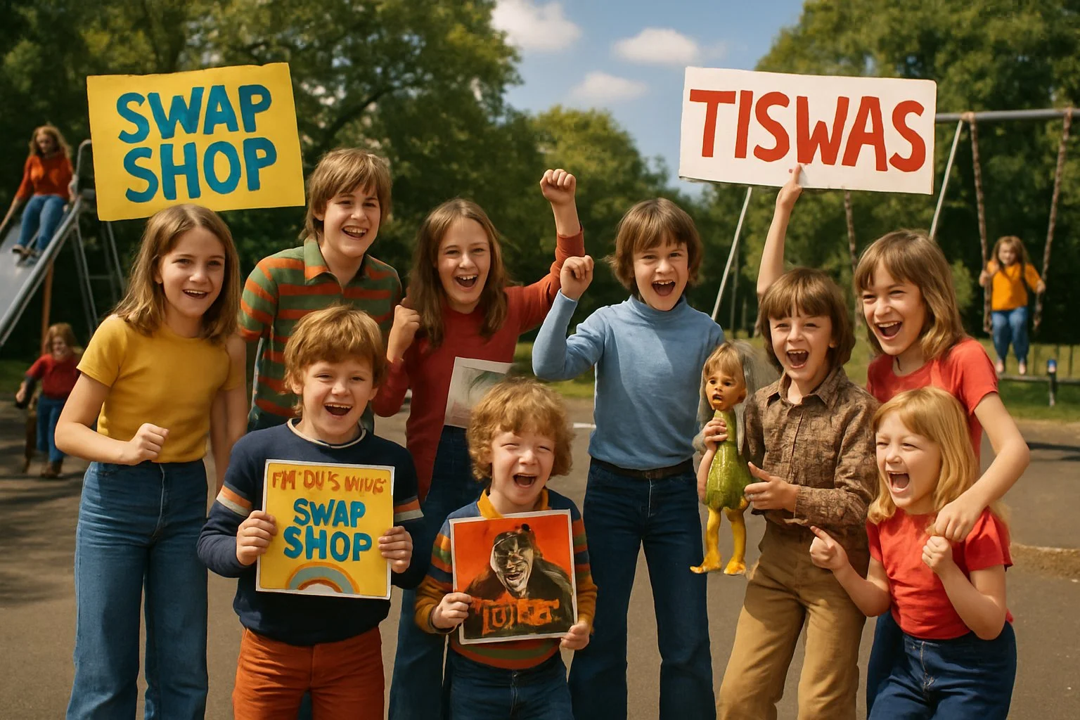 Children in 1970s clothing divided into two groups on a playground, playfully interacting and showing support for different TV shows.
