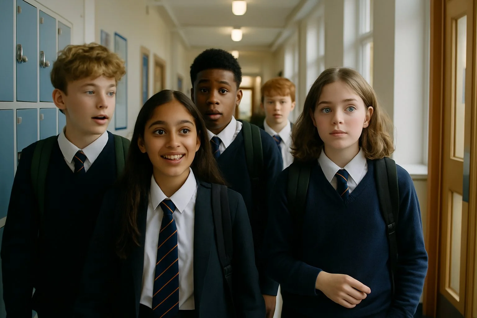 A group of schoolchildren in uniforms standing and talking in a bright school corridor with lockers and classroom doors.