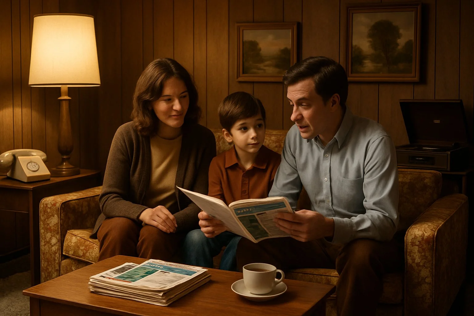 A family of three sitting in a 1970s style living room with wood panelled walls, a floral sofa, and a coffee table with magazines and a cup of tea.