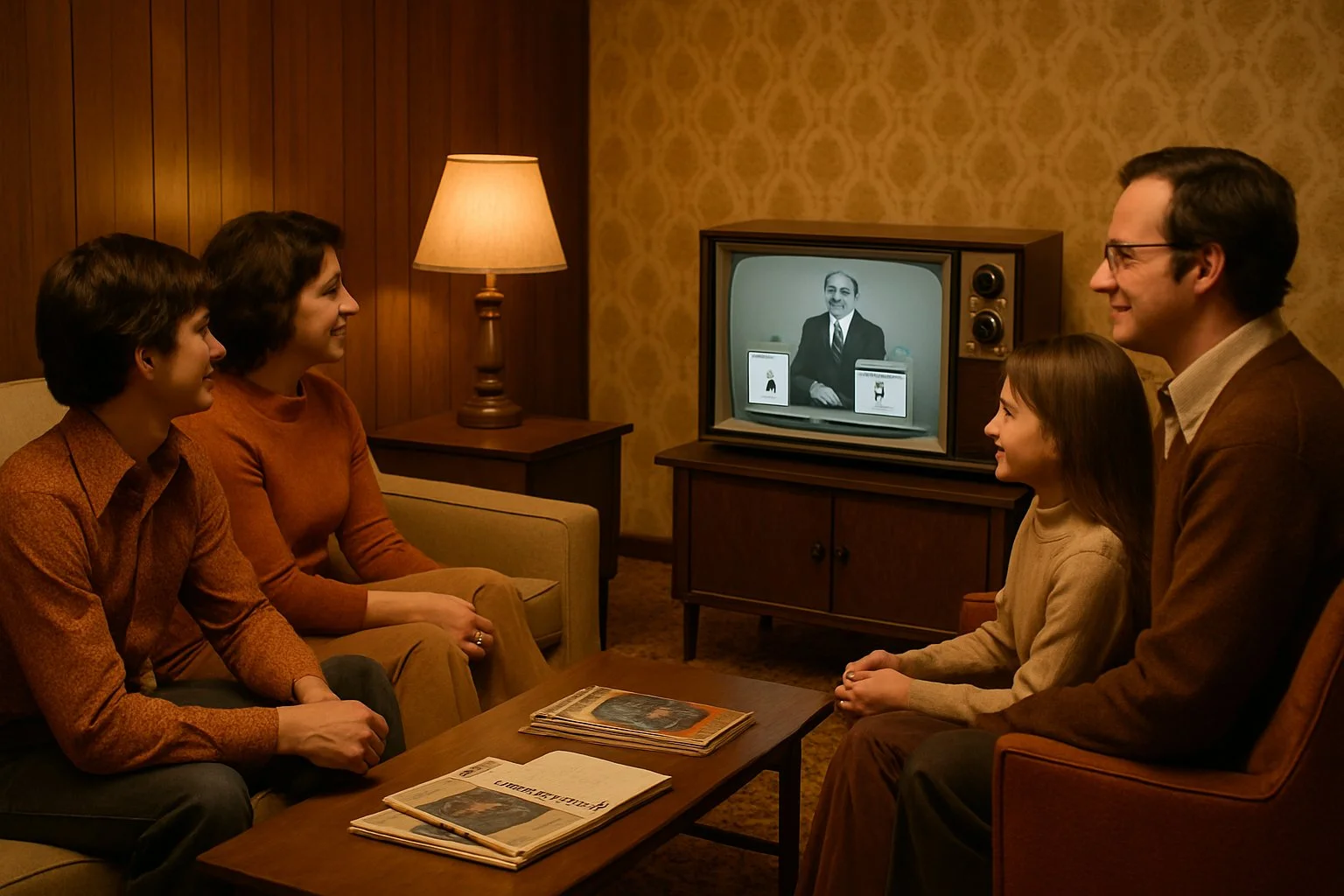 A family in a 1970s living room watching a vintage television together, surrounded by period furniture and decor.