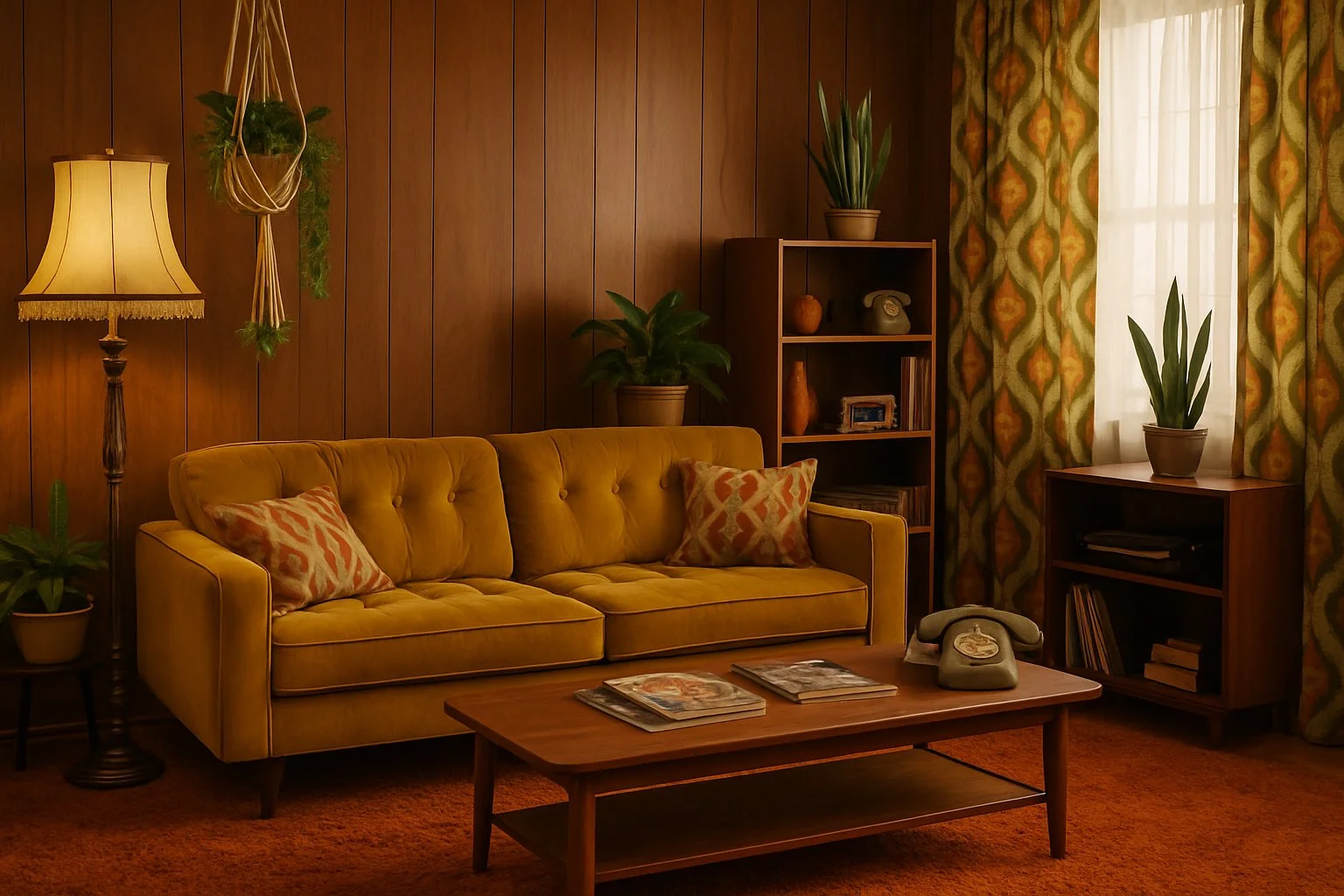 A cosy living room with a yellow sofa, wood-paneled walls, a shag carpet, plants, and a window with patterned curtains.
