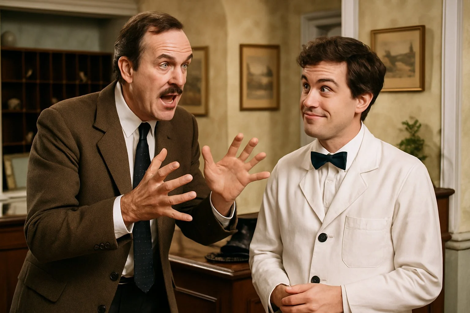 Two men in a vintage hotel lobby, one animatedly speaking while the other looks confused and amused, with traditional British decor around them.