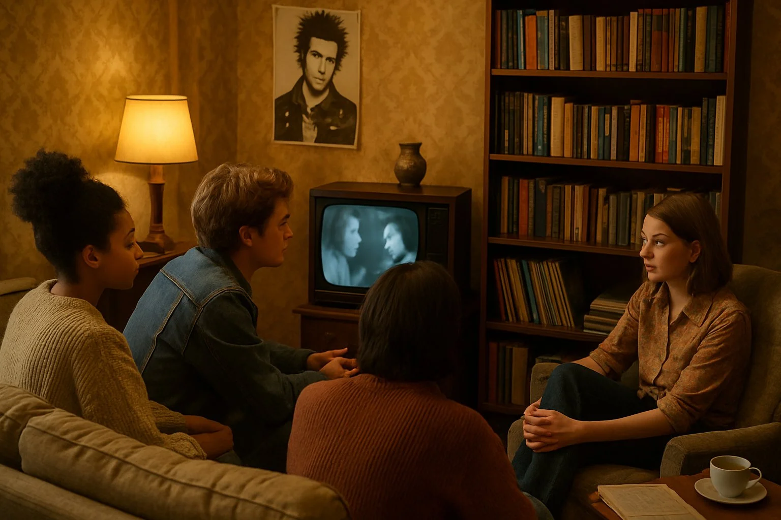 A group of teenagers and young adults watching a vintage television in a cosy British living room with 1970s style decor.