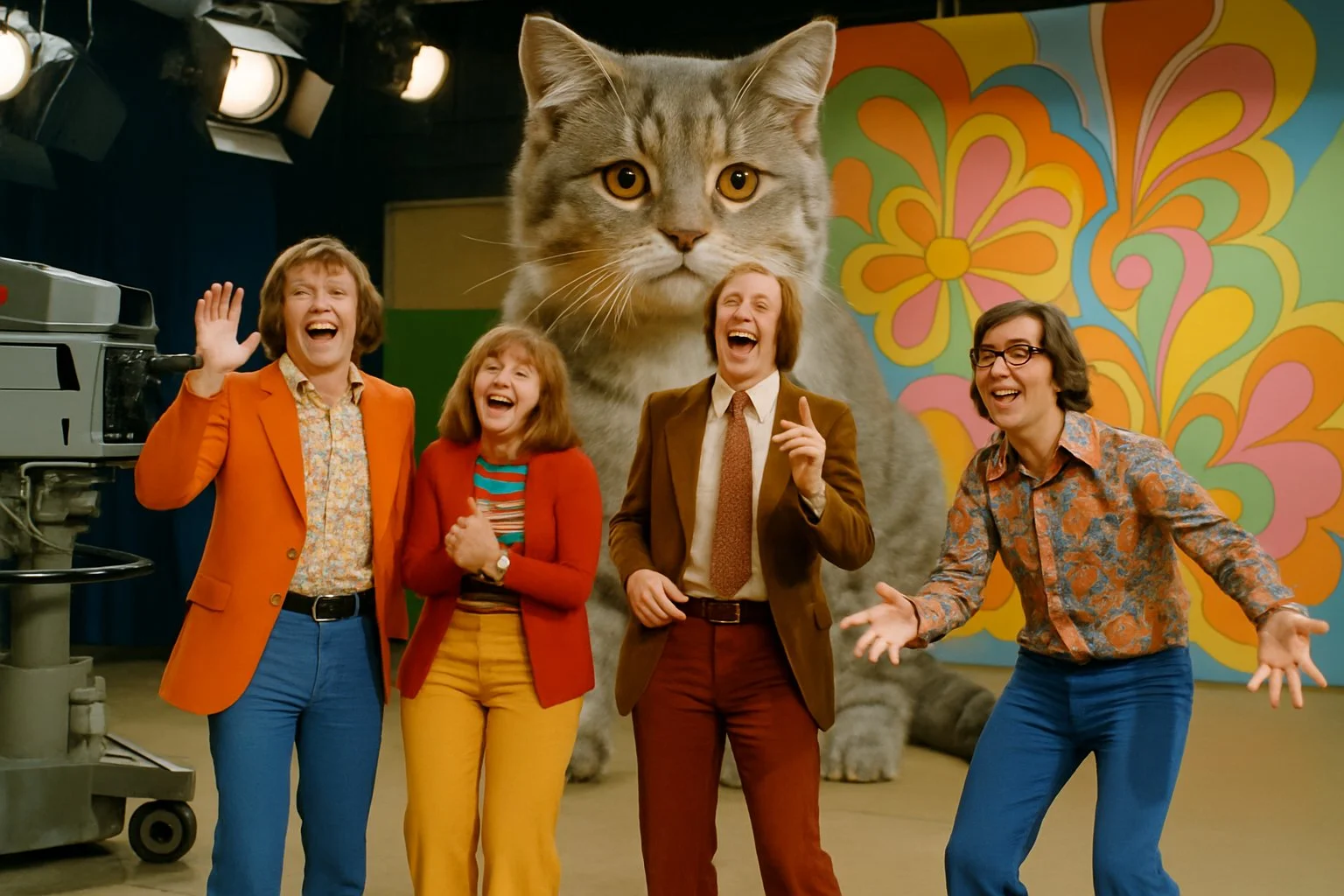 A group of actors in colourful 1970s clothing performing on a television studio set with a large playful kitten prop and vintage cameras around them.