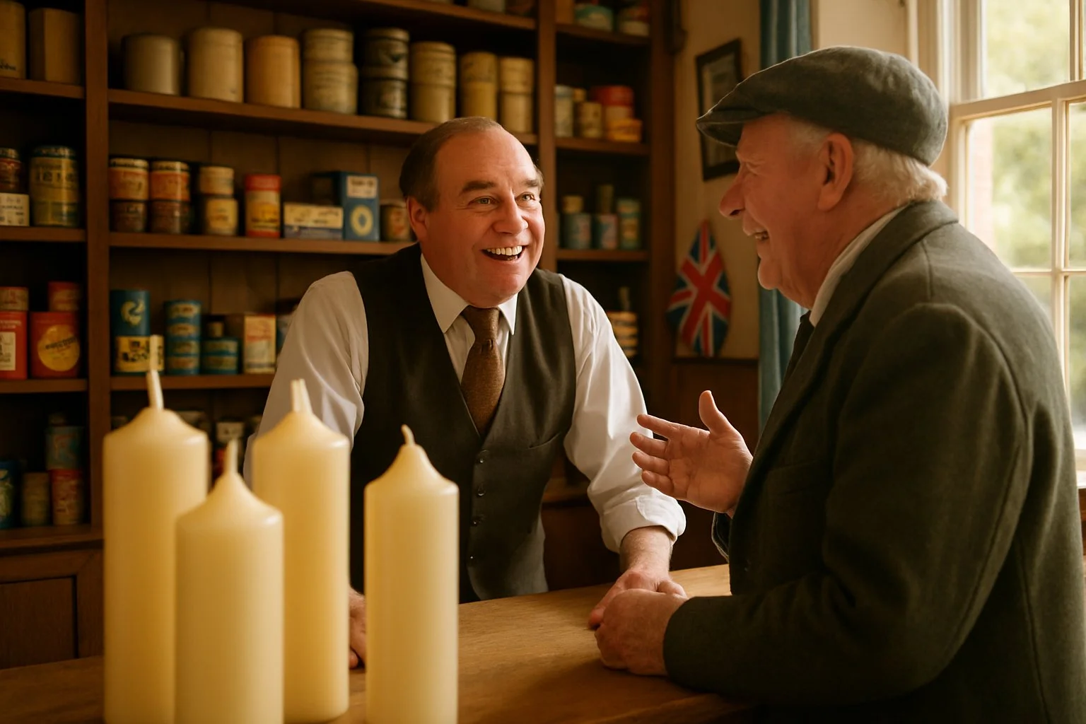 A middle-aged shopkeeper and a customer share a friendly moment in a vintage British shop with four candles displayed on wooden shelves.