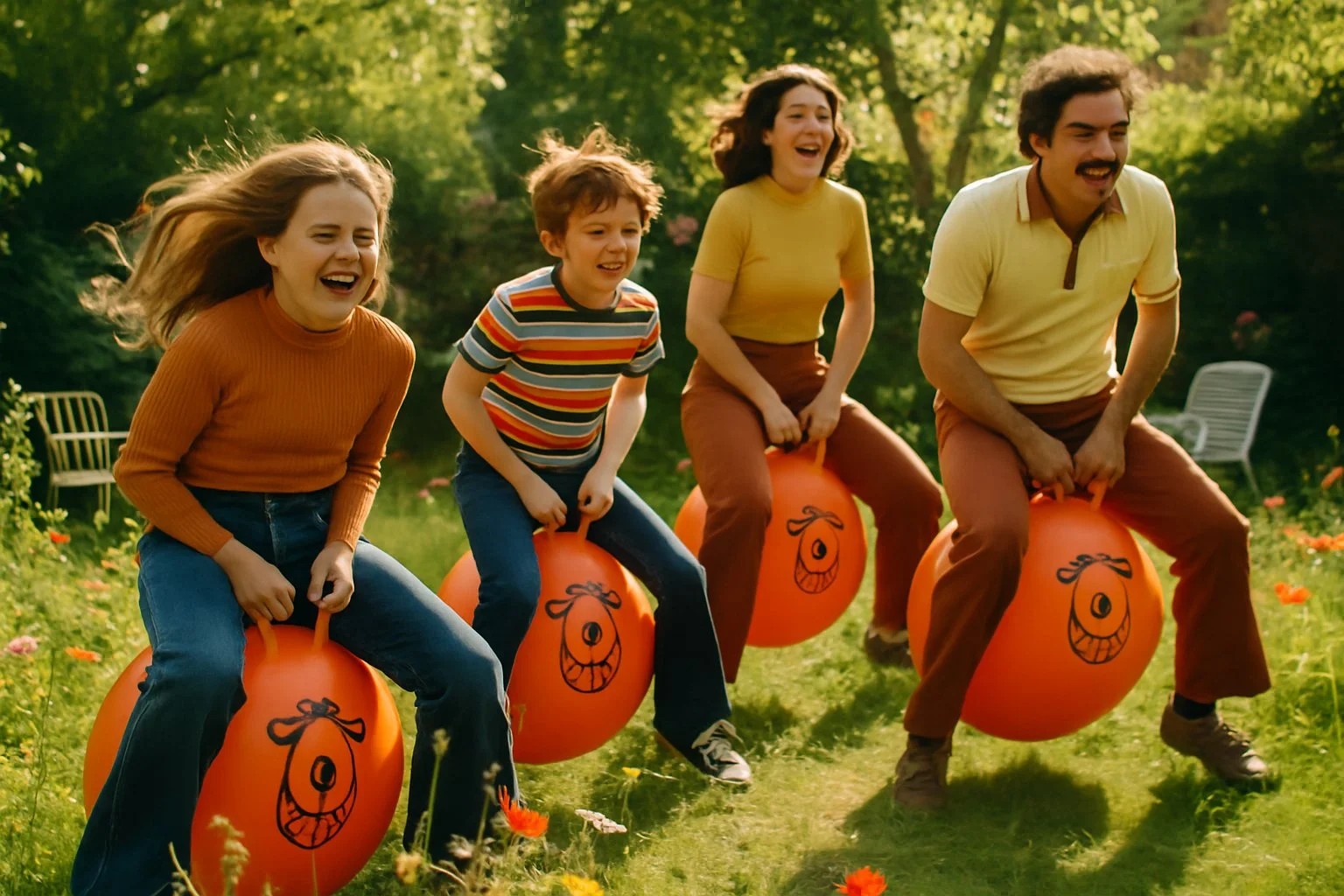 Children and adults racing on orange space hoppers with black handles in a busy garden with grass and flowers.