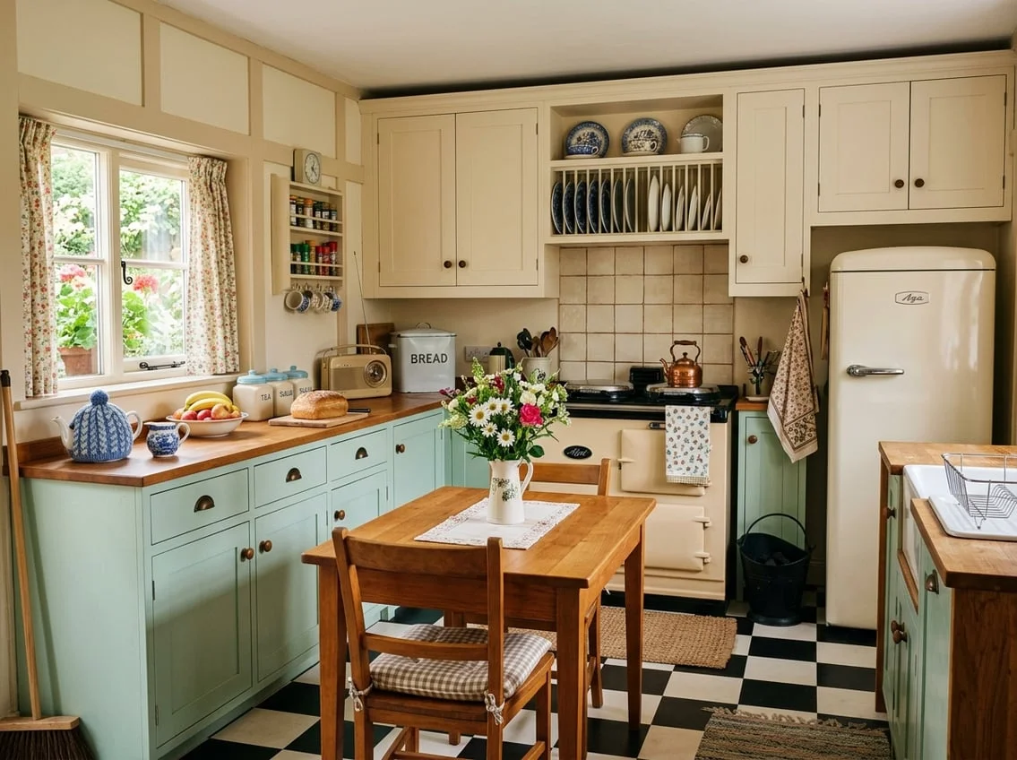 A 1950s British kitchen with pastel cabinets, vintage appliances, a checkered floor, and a wooden table with flowers.