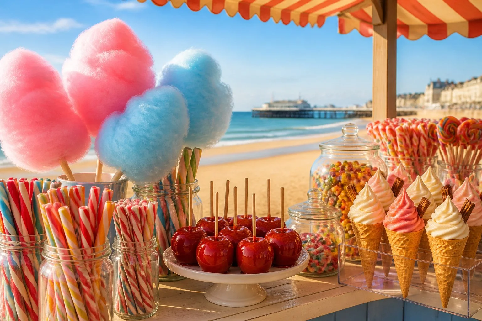A seaside sweets stall displaying candy floss, sticks of rock, toffee apples, and ice cream cones on a sunny beach.
