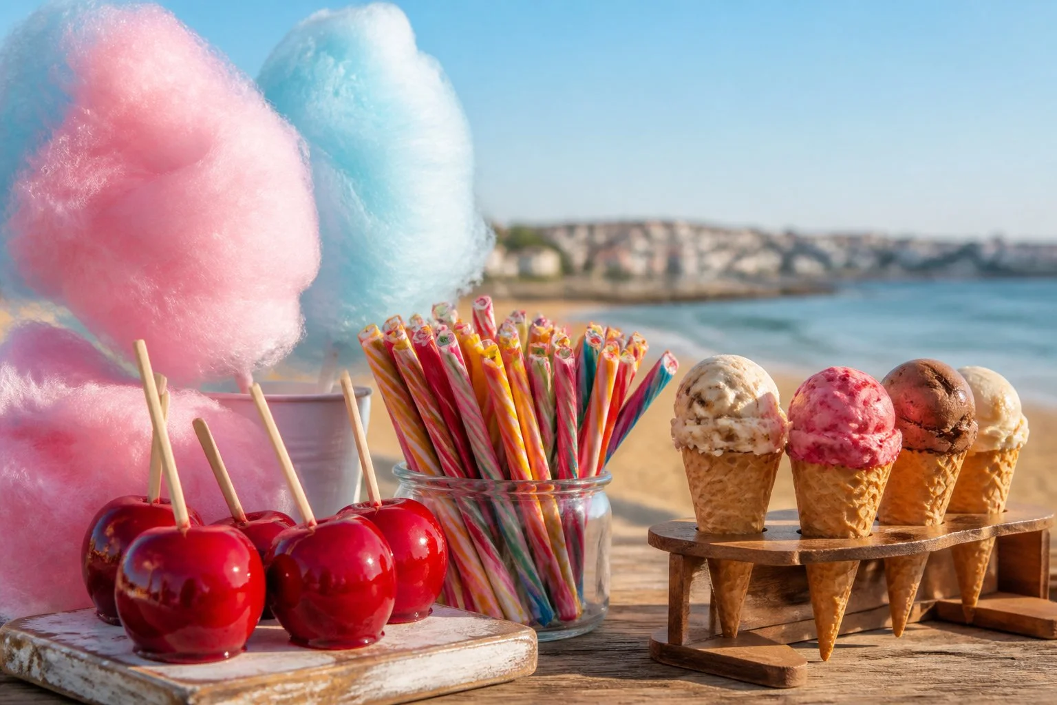 A table displaying colourful candy floss, toffee apples, ice cream cones, and sticks of rock with a beach and sea in the background.