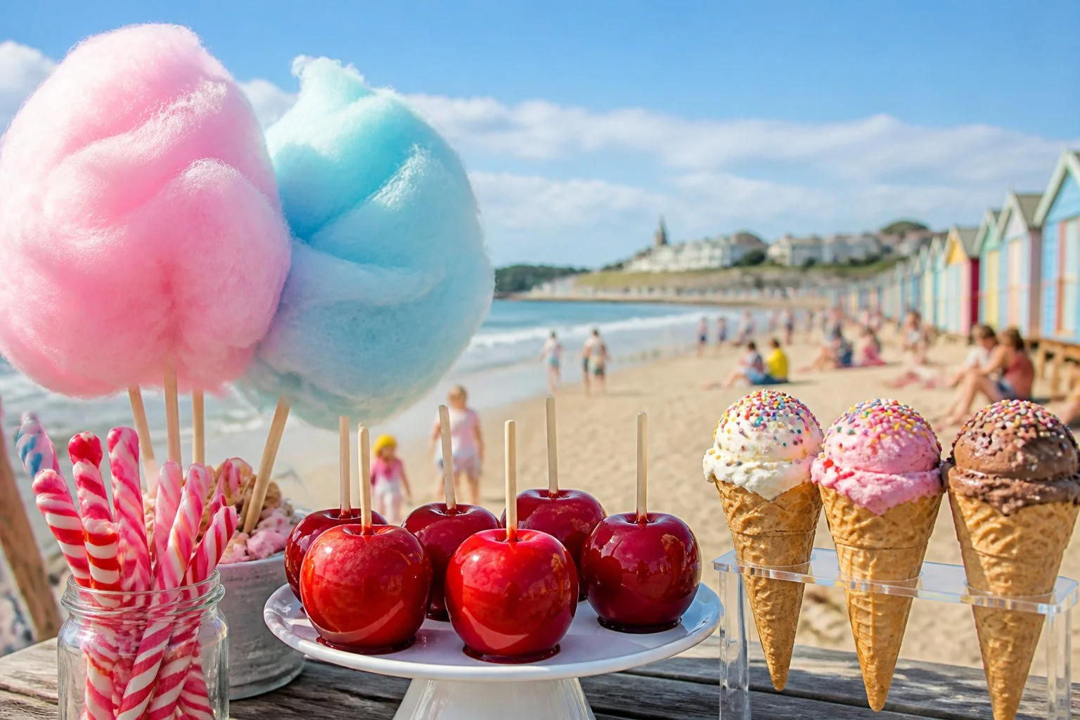 A seaside scene with colourful candy floss, toffee apples, ice cream cones, and sticks of rock candy on a wooden table by the beach.